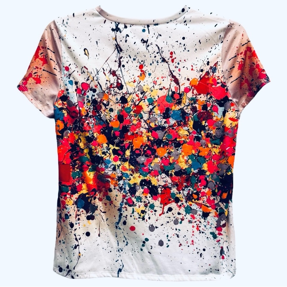 Women’s Colorful Graphic Size Large Short Sleeve Round Neck Soft Polyester Tee - Picture 3 of 5